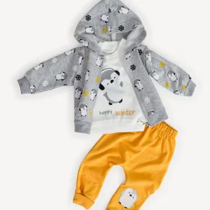 Ensemble 3 Pièces Vêtement Bébé Garçon – Veste Pingouins, T-shirt & Pantalon Jaune