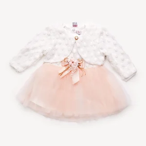 Robe de Cérémonie Vêtement Bébé Fille – Dentelle Brodée & Tulle avec Nœud Rose
