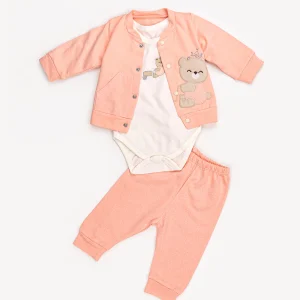 Ensemble 3 Pièces Vêtement bébé Fille – Veste, Body & Pantalon Ourson Couronné