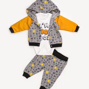 Ensemble 3 Pièces Vêtement bébé Garçon – Veste Grise Motifs Smiley, T-shirt & Body
