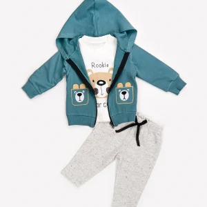 Ensemble 3 Pièces Vêtement Garçon – Hoodie zippé, T-shirt et Pantalon avec Motif Ours