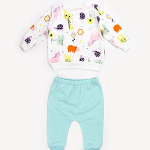 Ensemble Vêtement bébé Fille – Sweat Animaux & Pantalon Lavande/Turquoise