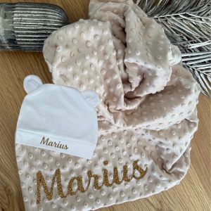 Coffret couverture beige + bonnet blanc personnalisable