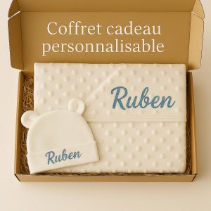 Coffret couverture à bulles + Bonnet de naissance blanc personnalisable
