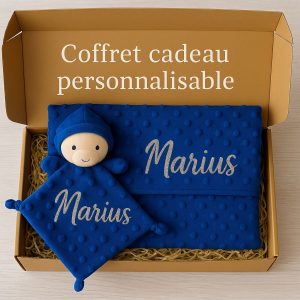 Coffret couverture à bulles + doudou ourson bleu marine personnalisable
