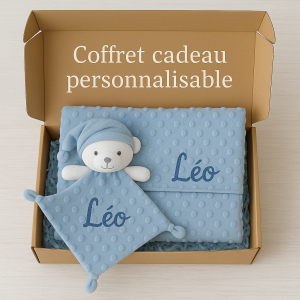 Coffret couverture à bulles + doudou ourson bleu personnalisable