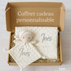 Coffret Couverture à bulles + Doudou ourson blanc cassé personnalisable