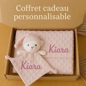 Coffret couverture à bulles + doudou ourson rose personnalisable